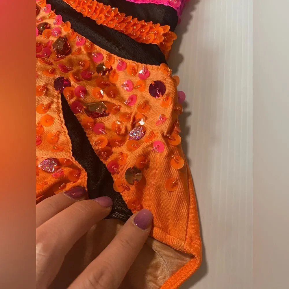 Glamour solo dance costume orange black illusion rhinestoned LC-large child